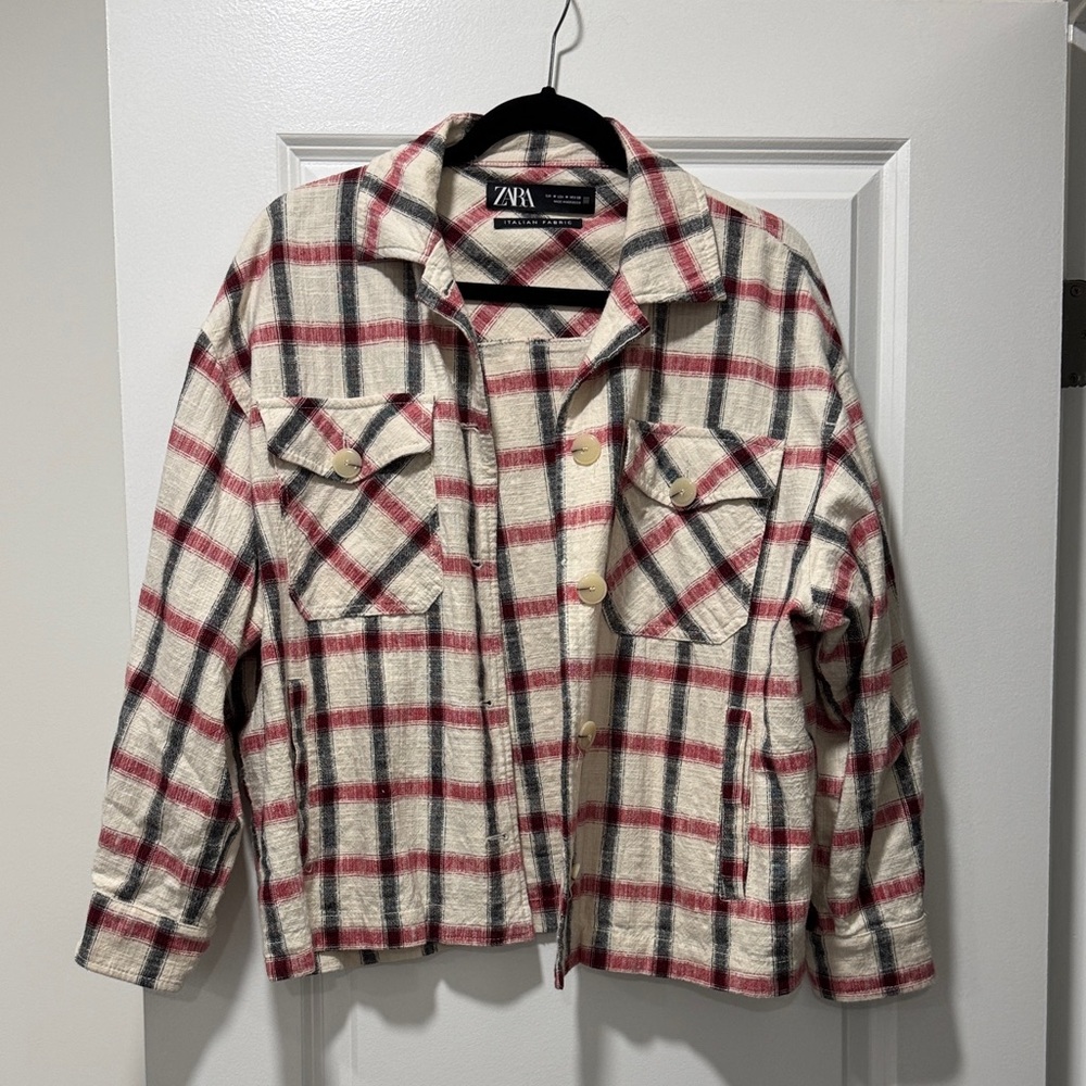 Zara Women's Checkered Utility Jacket - Red and Cream